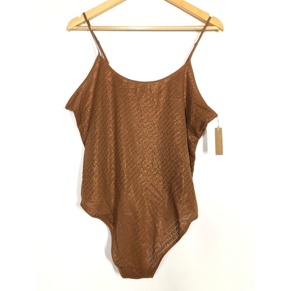 SKIMS Logo Mesh Foil Cami Bodysuit Caramel Brown NWT Size 2X